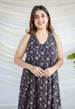 Naimat Black Ajrakh Cotton A Line Dress