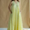 Naimat Lime Green Hand Block Print Slub Cotton A Line Dress