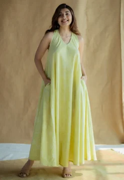 Naimat Lime Green Hand Block Print Slub Cotton A Line Dress