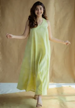 Naimat Lime Green Hand Block Print Slub Cotton A Line Dress