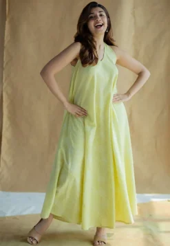 Naimat Lime Green Hand Block Print Slub Cotton A Line Dress