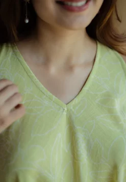 Naimat Lime Green Hand Block Print Slub Cotton A Line Dress