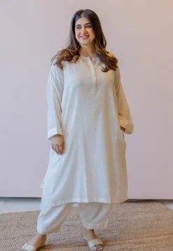 Naina Off White Jamdani Handloom Cotton Anti-Fit Kurta