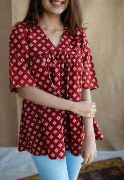 Nakkaashee Maroon Ajrakh Cotton A Line Top