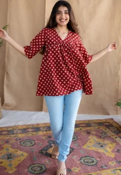 Nakkaashee Maroon Ajrakh Cotton A Line Top