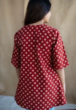 Nakkaashee Maroon Ajrakh Cotton A Line Top