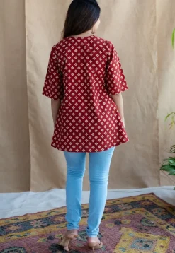 Nakkaashee Maroon Ajrakh Cotton A Line Top