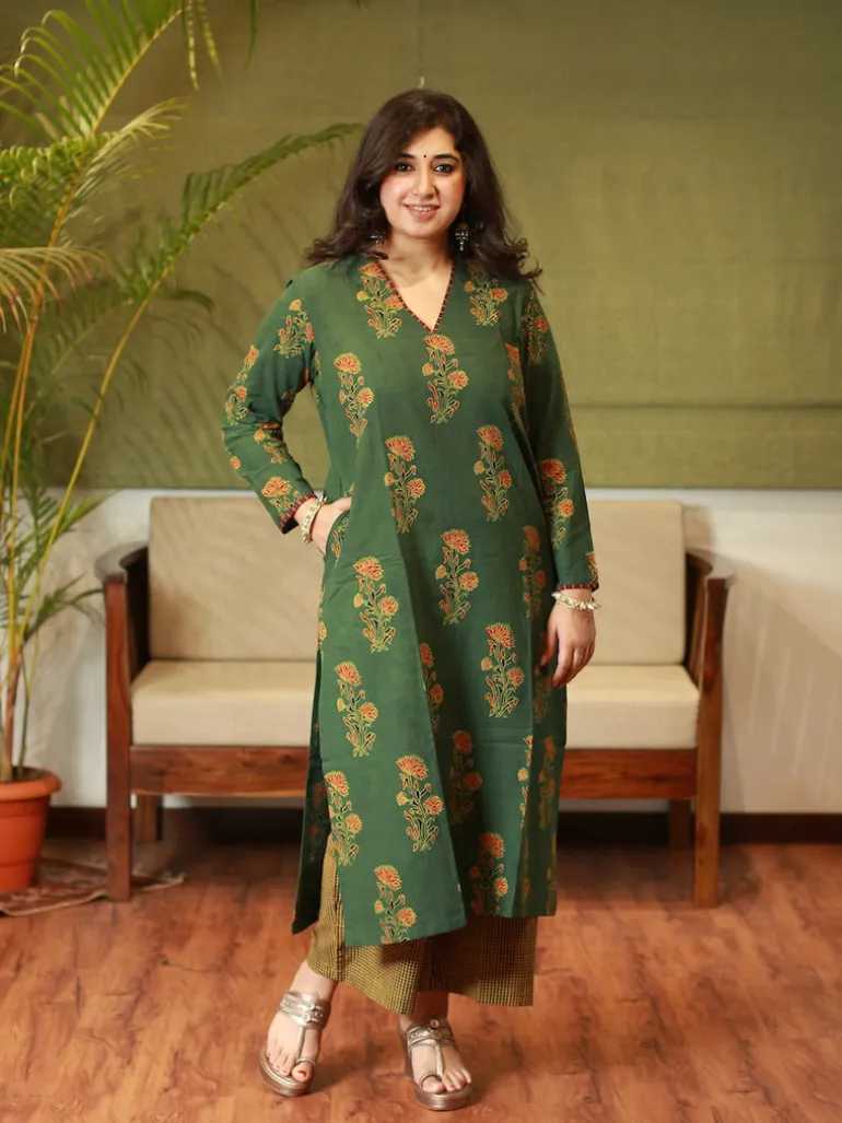 Nargis Ajrakh Green Natural Dyed Kurta