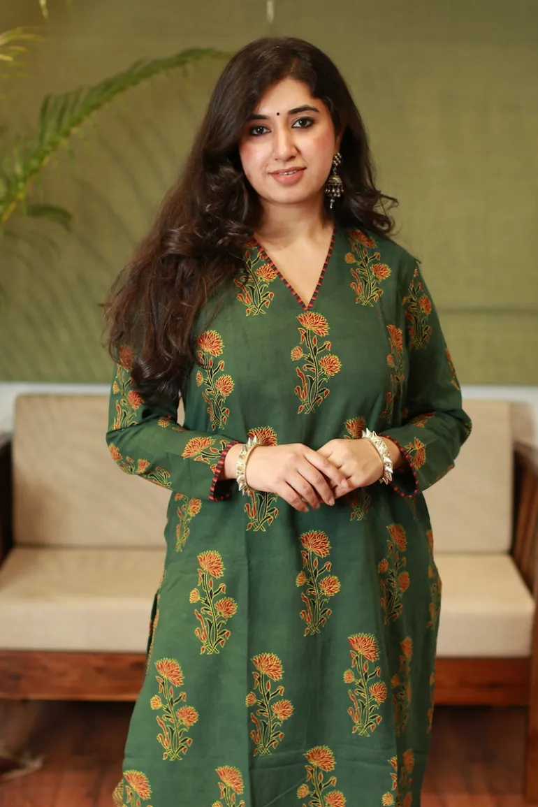 Nargis Ajrakh Green Natural Dyed Kurta