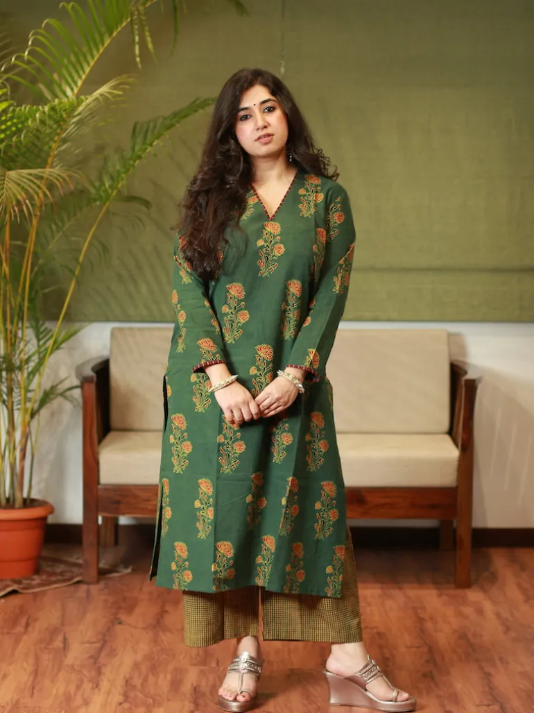 Nargis Ajrakh Green Natural Dyed Kurta