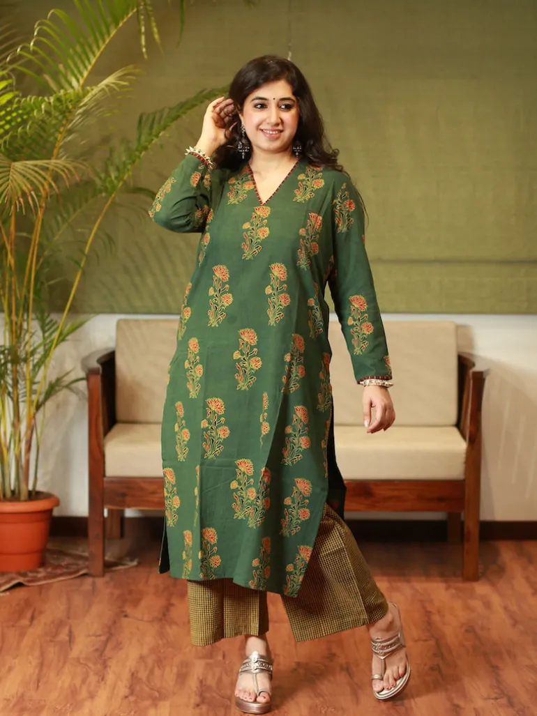 Nargis Ajrakh Green Natural Dyed Kurta