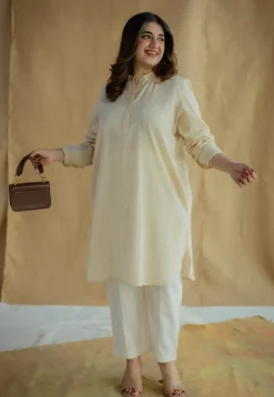 Nashwa Cream Hand Block Print Slub Cotton A Line Kurta