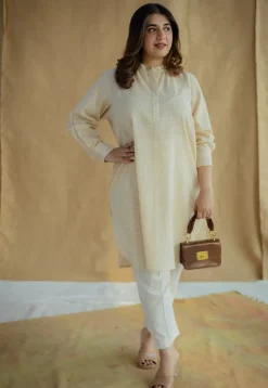 Nashwa Cream Hand Block Print Slub Cotton A Line Kurta