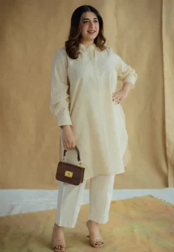 Nashwa Cream Hand Block Print Slub Cotton A Line Kurta