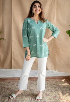 Navya Green Dabu Slub Cotton Straight Short Top with Embroidery