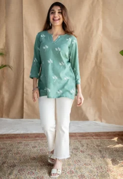 Navya Green Dabu Slub Cotton Straight Short Top with Embroidery