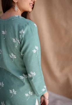 Navya Green Dabu Slub Cotton Straight Short Top with Embroidery