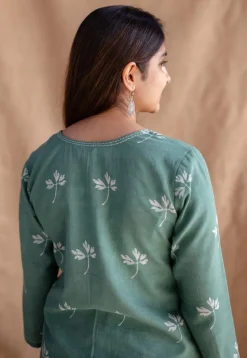 Navya Green Dabu Slub Cotton Straight Short Top with Embroidery