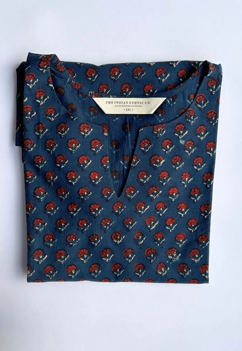 Navya Navy Blue Ajrakh Cotton Straight Short Top