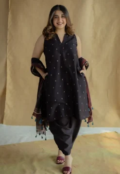 Nida Black Ajrakh Chanderi Silk A Line Kurta with Hand Embroidery