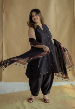 Nida Black Ajrakh Chanderi Silk A Line Kurta with Hand Embroidery