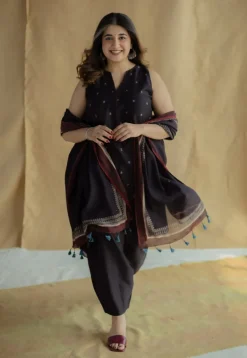 Nida Black Ajrakh Chanderi Silk A Line Kurta with Hand Embroidery