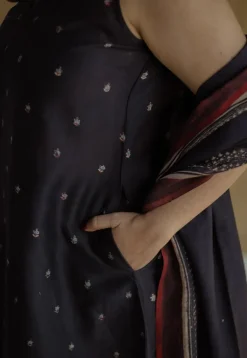 Nida Black Ajrakh Chanderi Silk A Line Kurta with Hand Embroidery