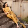 Nida Mustard Ajrakh Chanderi Silk A Line Kurta with Hand Embroidery