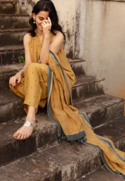 Nida Mustard Ajrakh Chanderi Silk A Line Kurta with Hand Embroidery