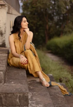 Nida Mustard Ajrakh Chanderi Silk A Line Kurta with Hand Embroidery