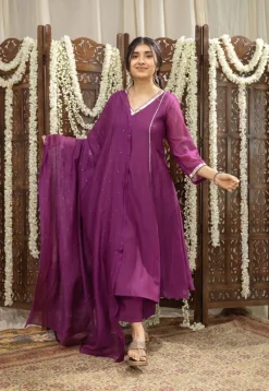 Nitara Purple Kali Chanderi Silk Gota Patti Kurta Set (Set of 3)