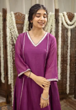 Nitara Purple Kali Chanderi Silk Gota Patti Kurta Set (Set of 3)
