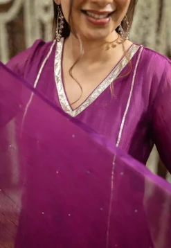 Nitara Purple Kali Chanderi Silk Gota Patti Kurta Set (Set of 3)