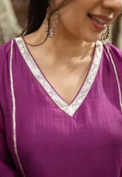 Nitara Purple Kali Chanderi Silk Gota Patti Kurta Set (Set of 3)