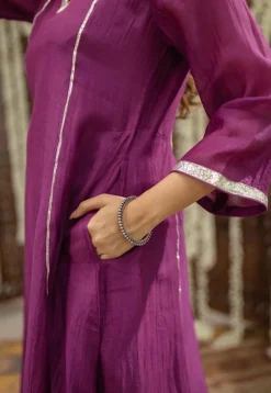 Nitara Purple Kali Chanderi Silk Gota Patti Kurta Set (Set of 3)