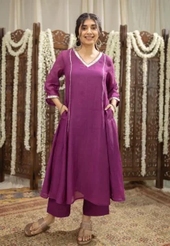 Nitara Purple Kali Chanderi Silk Gota Patti Kurta Set (Set of 3)