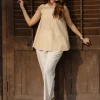 Parveen Cream Hand Block Print Slub Cotton A Line Short Top with Hand Embroidery