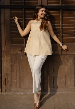 Parveen Cream Hand Block Print Slub Cotton A Line Short Top with Hand Embroidery