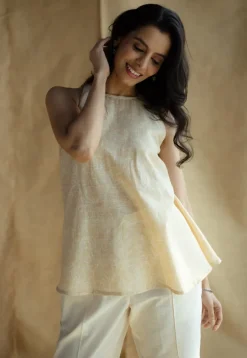 Parveen Cream Hand Block Print Slub Cotton A Line Short Top with Hand Embroidery