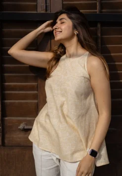 Parveen Cream Hand Block Print Slub Cotton A Line Short Top with Hand Embroidery