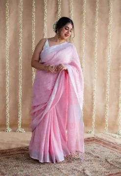 Pink Linen Silver Zari Border Saree with Mukaish Detailing
