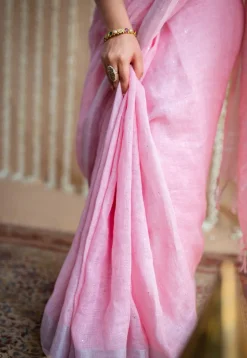Pink Linen Silver Zari Border Saree with Mukaish Detailing