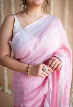 Pink Linen Silver Zari Border Saree with Mukaish Detailing