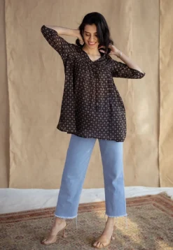 Purvi Black Ajrakh MulMul Cotton A Line Short Top