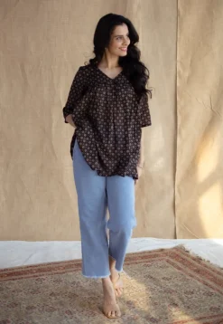 Purvi Black Ajrakh MulMul Cotton A Line Short Top
