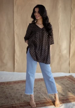 Purvi Black Ajrakh MulMul Cotton A Line Short Top