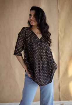 Purvi Black Ajrakh MulMul Cotton A Line Short Top