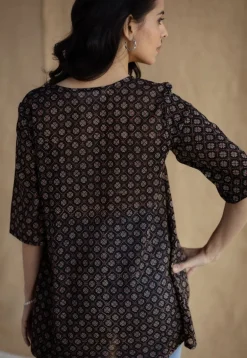 Purvi Black Ajrakh MulMul Cotton A Line Short Top