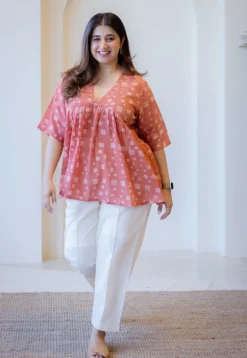 Purvi Coral Batik MulMul Cotton A Line Short Top