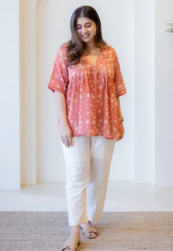 Purvi Coral Batik MulMul Cotton A Line Short Top